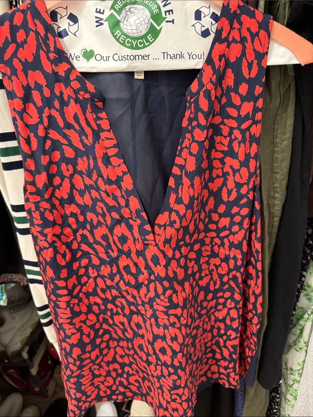 Joie red and Navy v-neck top with Animal Print and sheer back. Size medium